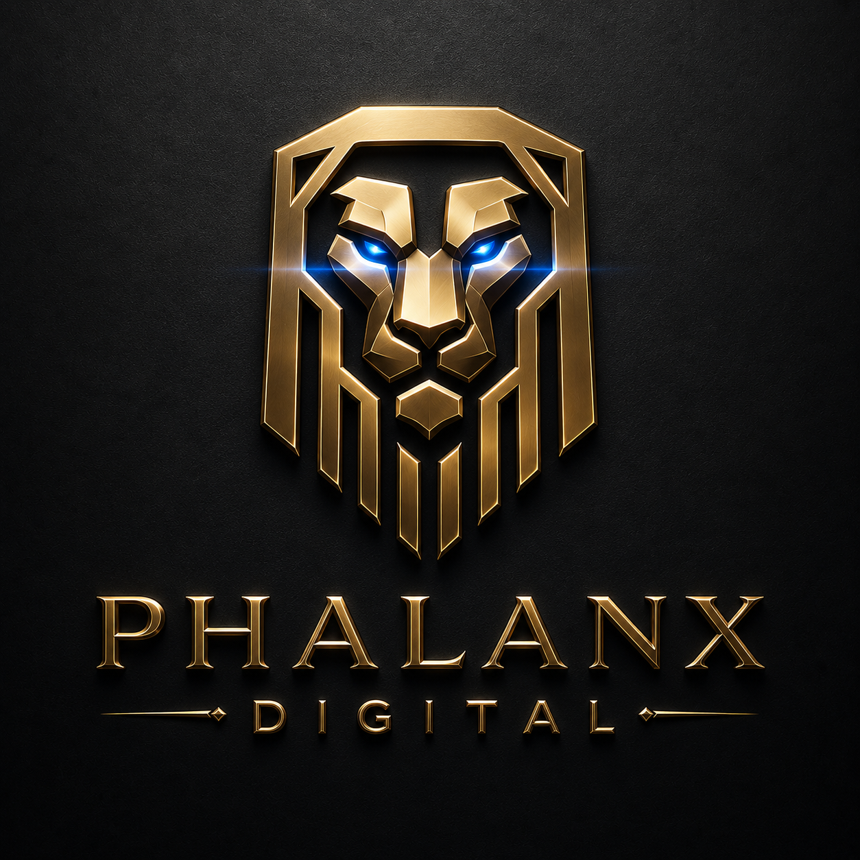 Phalanx Digital gold lion logo with bright blue eyes
