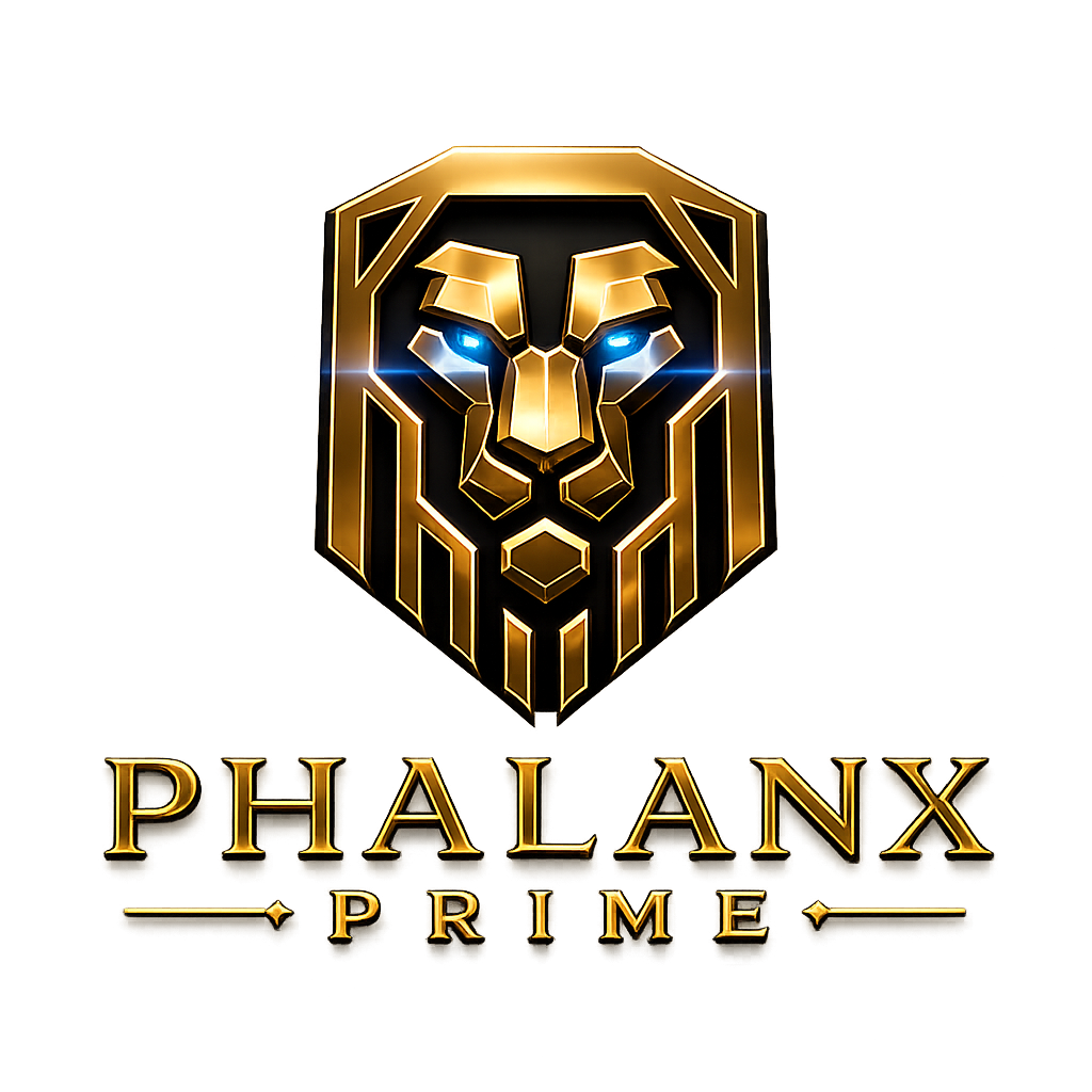 Phalanx Prime gold lion emblem and wordmark