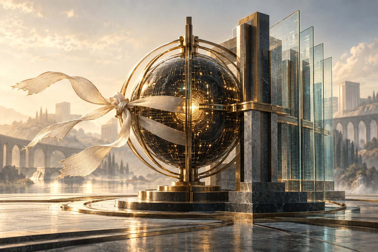 A fragile ribbon and a strong architectural frame surround a luminous AI core, symbolising the difference between promises and enforceable oversight.