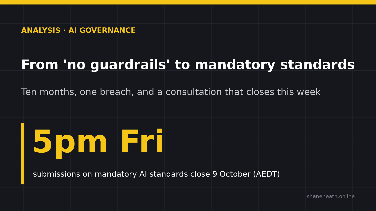 From 'no guardrails' to mandatory standards. Submissions on mandatory AI standards close at 5pm AEDT on Friday 9 October.