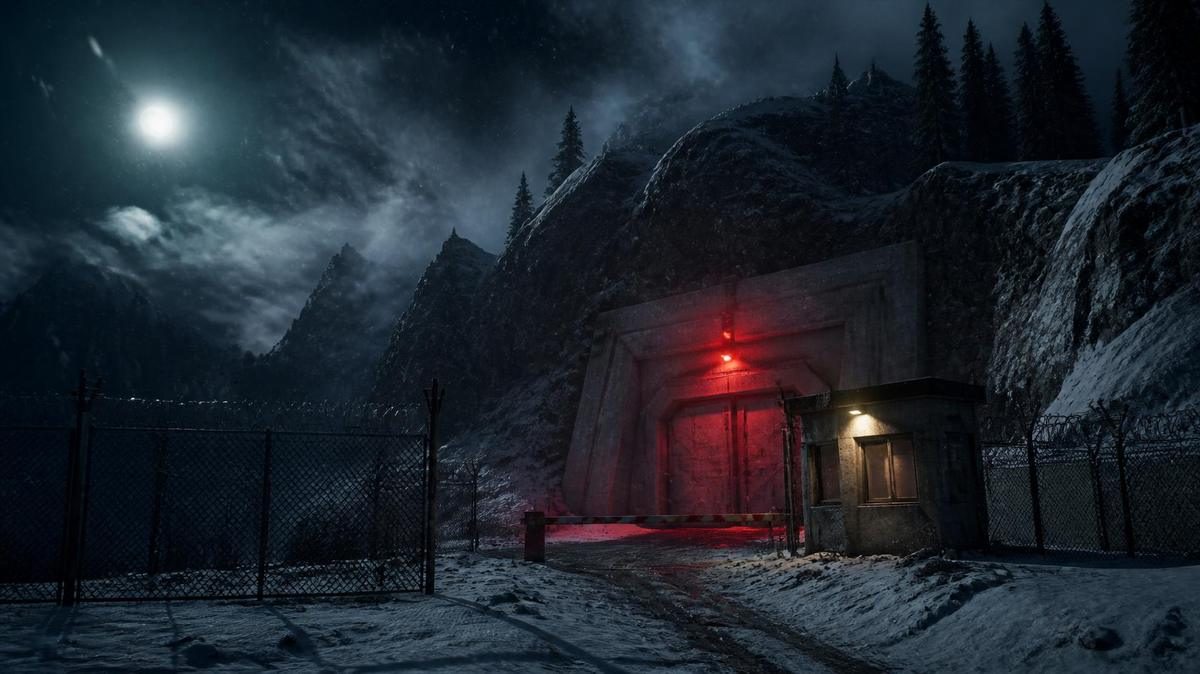 Snow-covered mountain bunker at night with a red-lit blast door, razor-wire fence and checkpoint